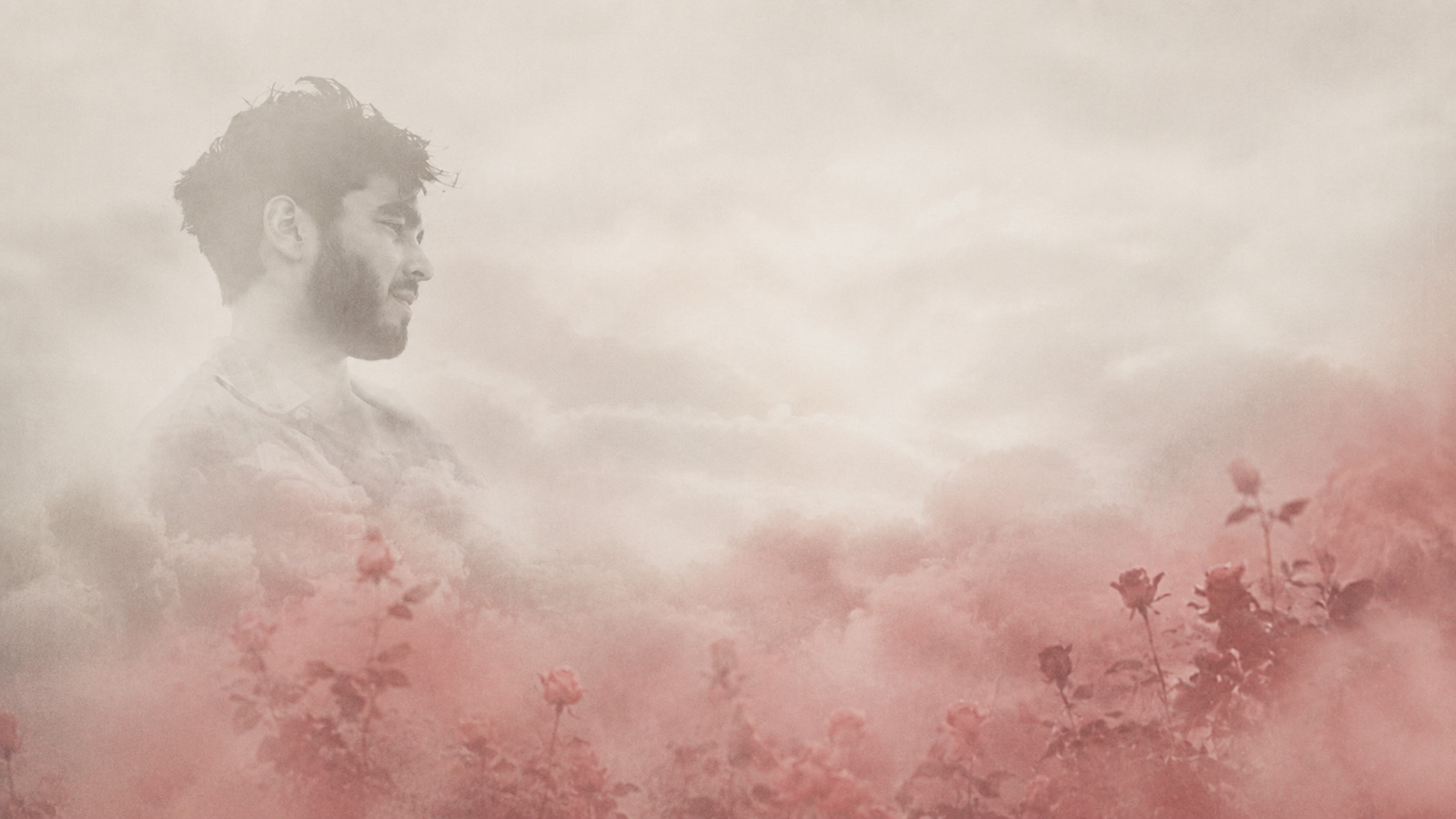 Alexandre Sookia dans une composition claire et vaporeuse aux tons rosés, entouré de roses.