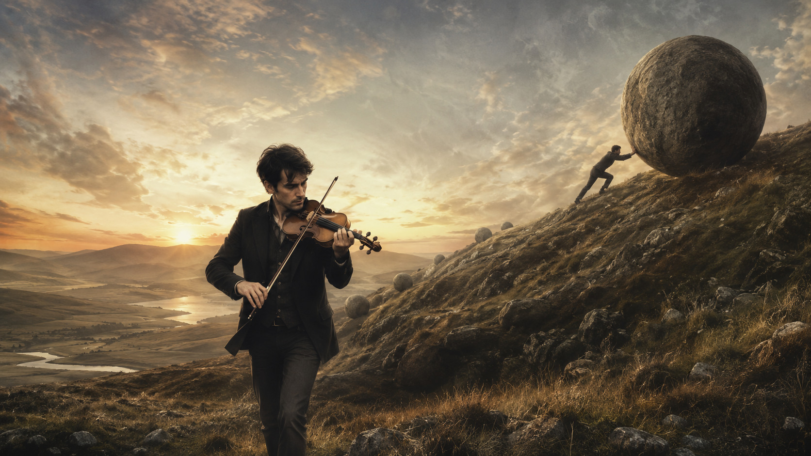 Andrew Bird jouant du violon dans un paysage de montagne, face à la figure de Sisyphe et son rocher.