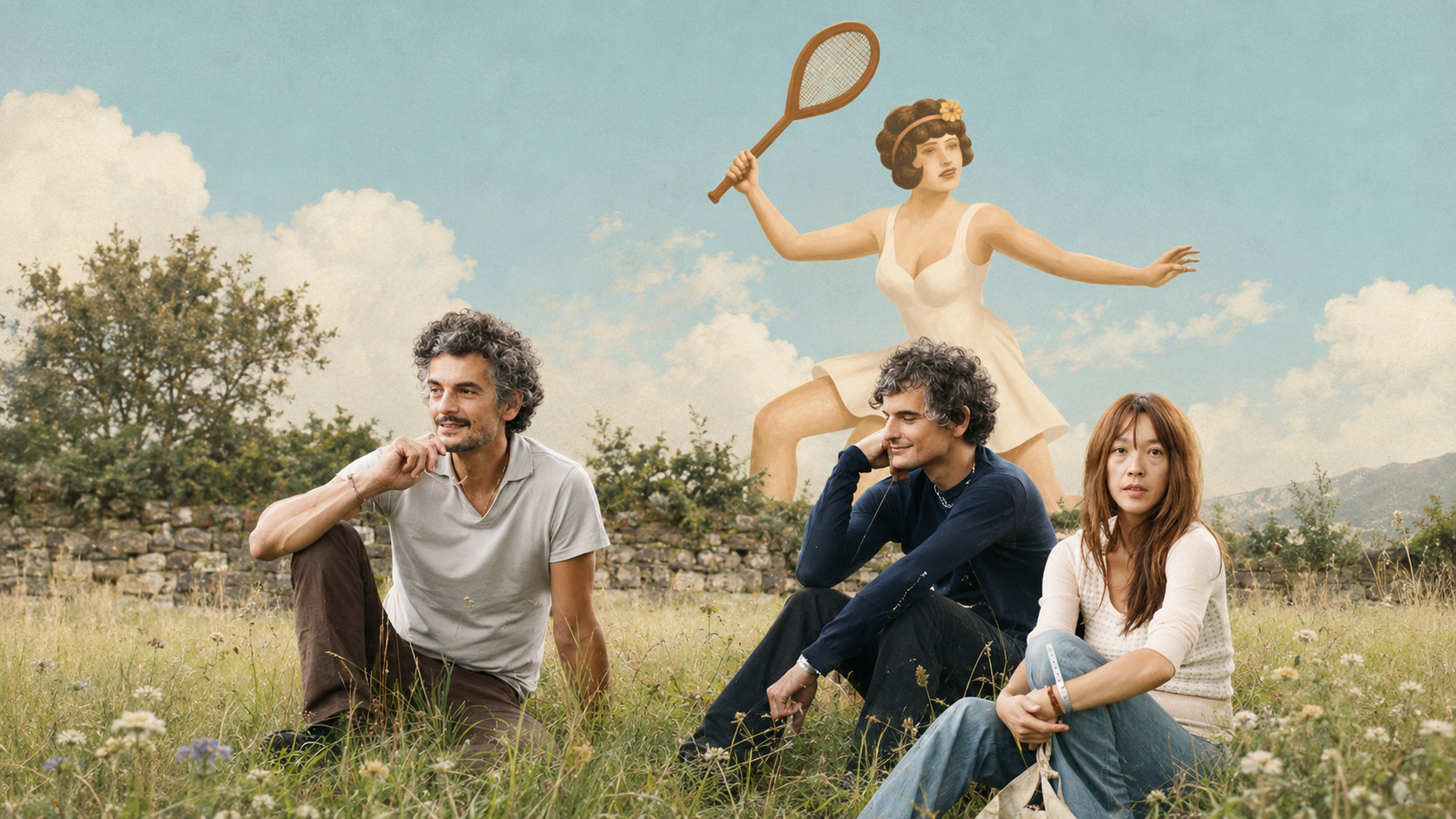 Blonde Redhead assis dans un pré, devant une silhouette de joueuse de tennis d'inspiration rétro.