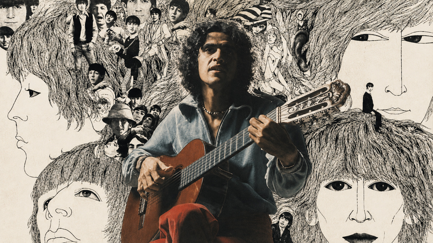Caetano Veloso avec une guitare, entouré d’un collage inspiré de l’univers graphique des Beatles.