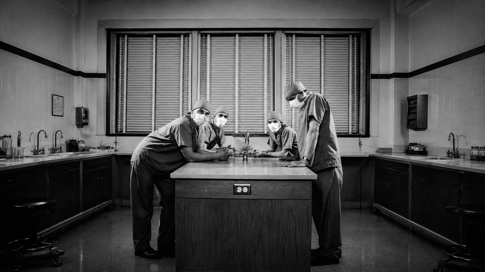 Clinic en tenues médicales dans une pièce clinique en noir et blanc.