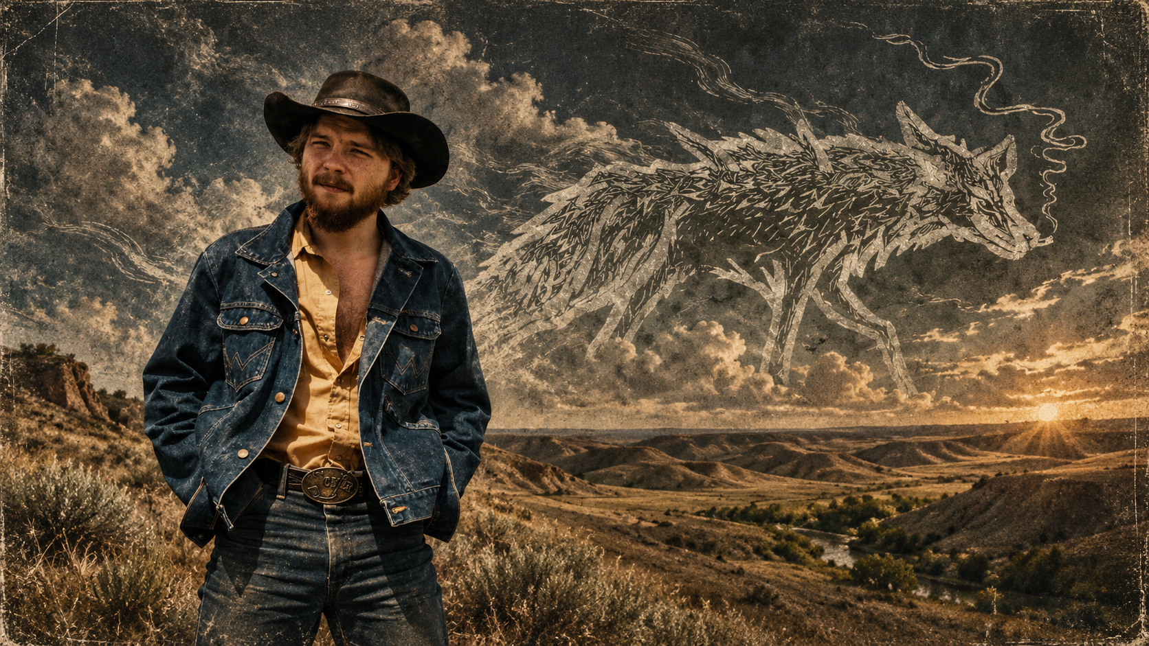 Colter Wall dans un paysage de plaines au coucher du soleil, sous un ciel traversé par une silhouette animale dessinée.