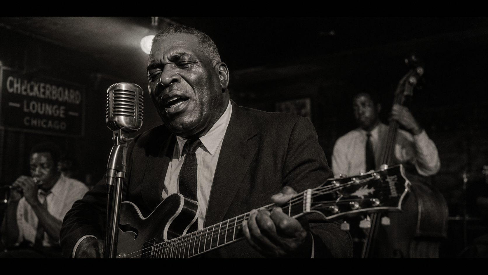 Howlin' Wolf chantant et jouant de la guitare dans un club de blues.