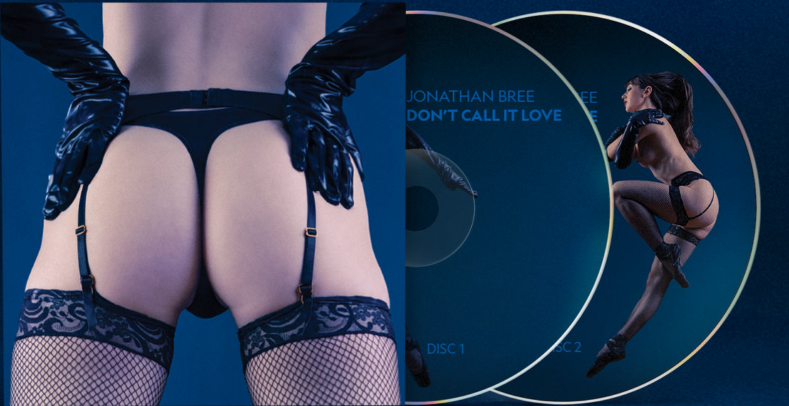 Visuel officiel de Don’t Call It Love de Jonathan Bree, composition nocturne bleue avec une danseuse et deux disques.