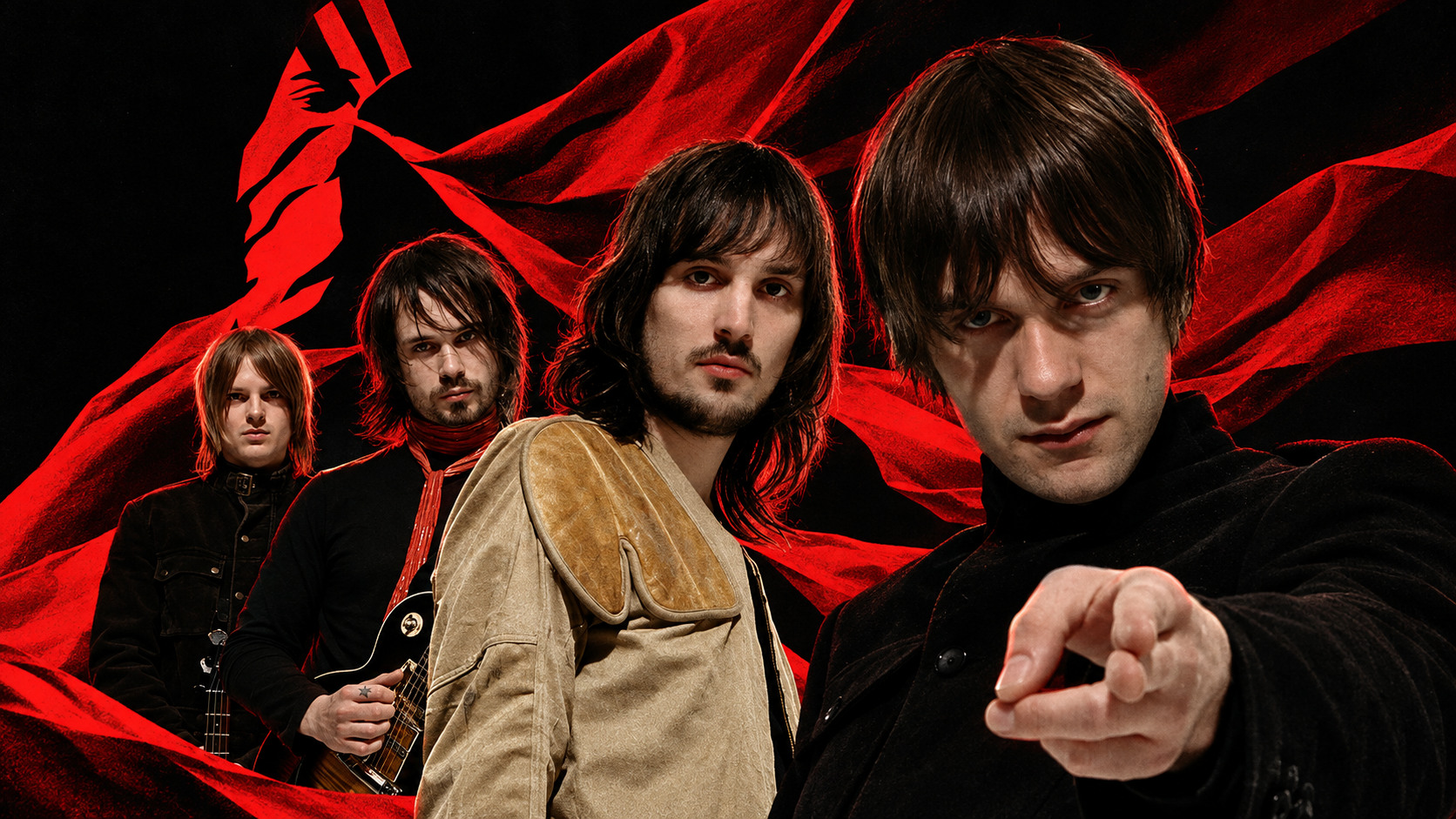 Kasabian dans une composition rouge et noire, portrait du groupe sur fond graphique.