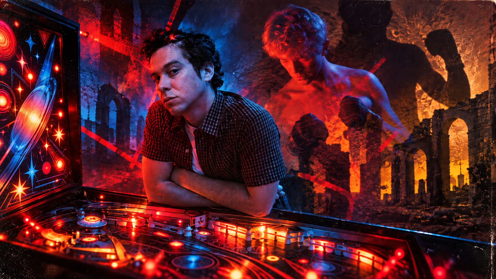 M. Ward dans un décor nocturne rouge et bleu, entre platine, lumières et silhouettes inspirées de Let’s Dance.