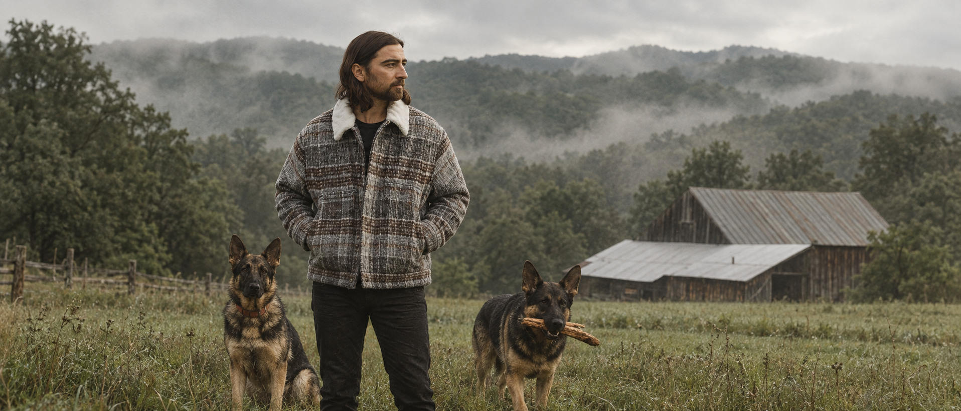 Noah Kahan dans un paysage brumeux du Vermont, accompagné de deux chiens près d’une grange.
