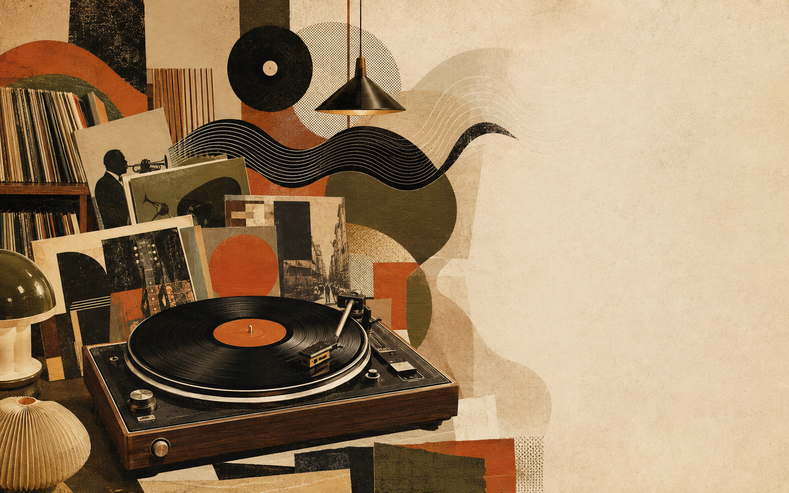 Collage éditorial autour d’une platine vinyle et d’une collection de disques