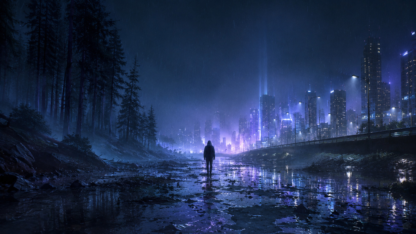 Paysage nocturne bleu entre forêt et ville, inspiré de Poor Leno de Röyksopp.