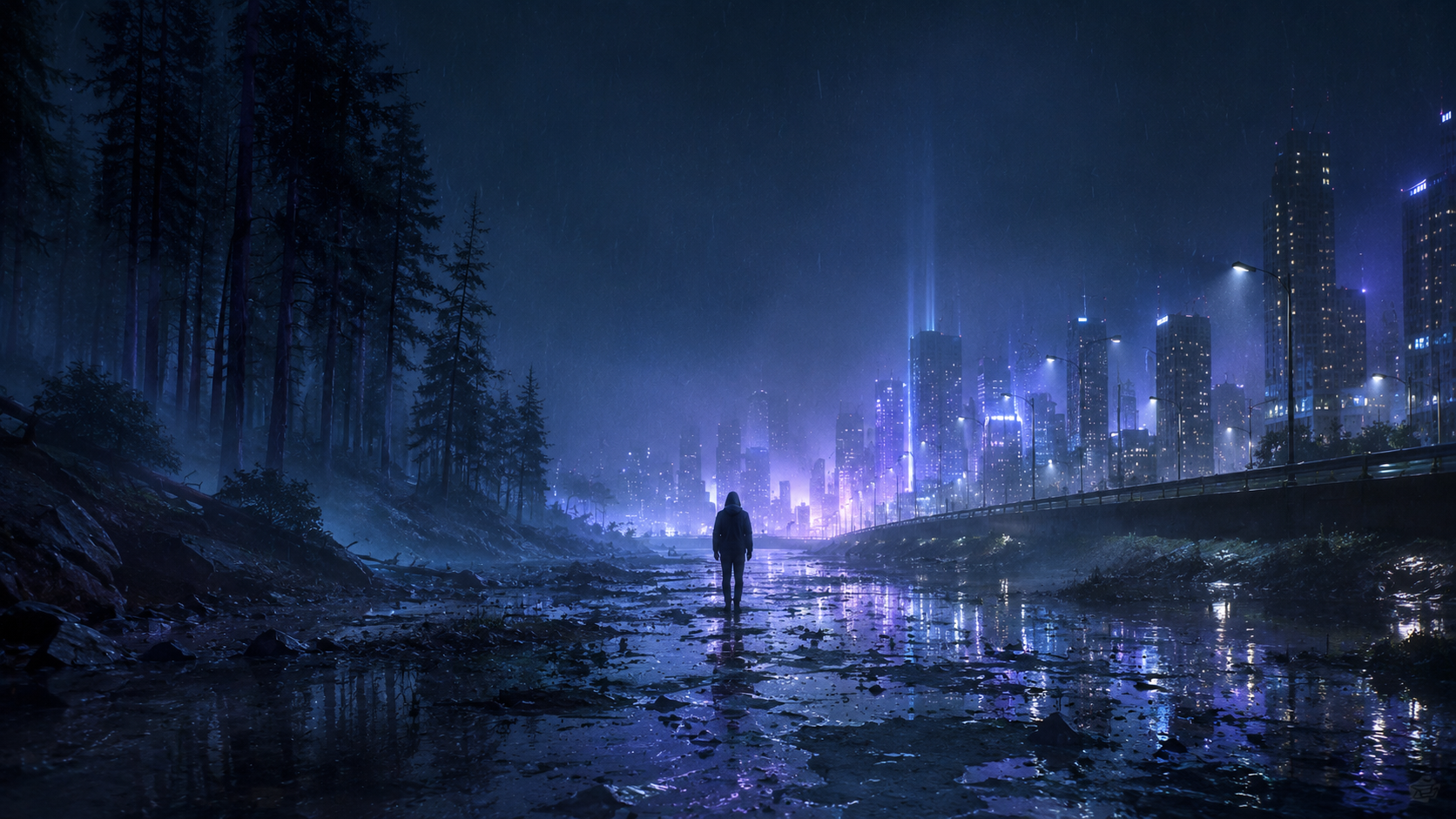 Paysage nocturne bleu entre forêt et ville, inspiré de Poor Leno de Röyksopp.