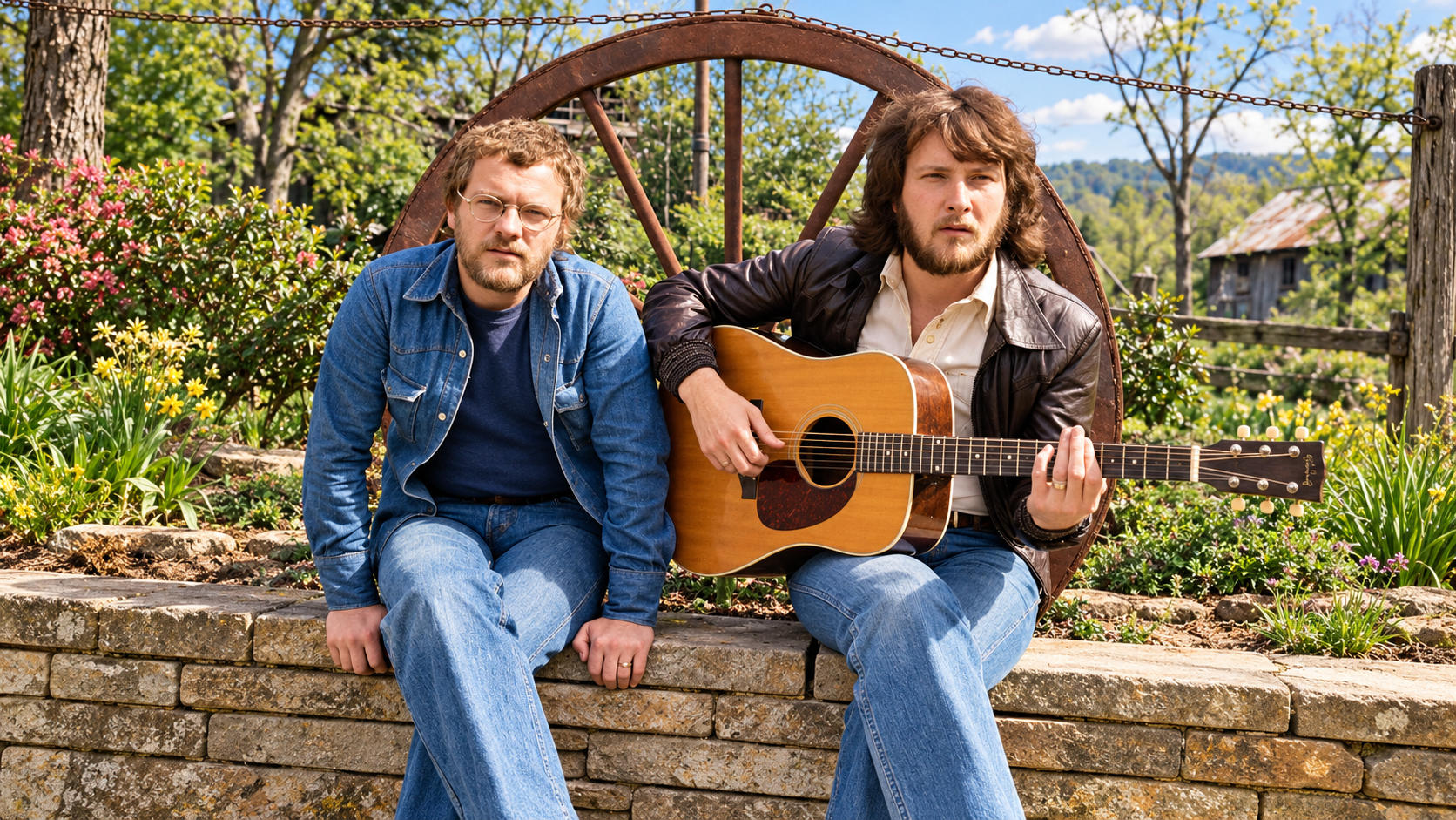 Deux musiciens de Stealers Wheel assis devant une grande roue en métal, l’un tenant une guitare acoustique.