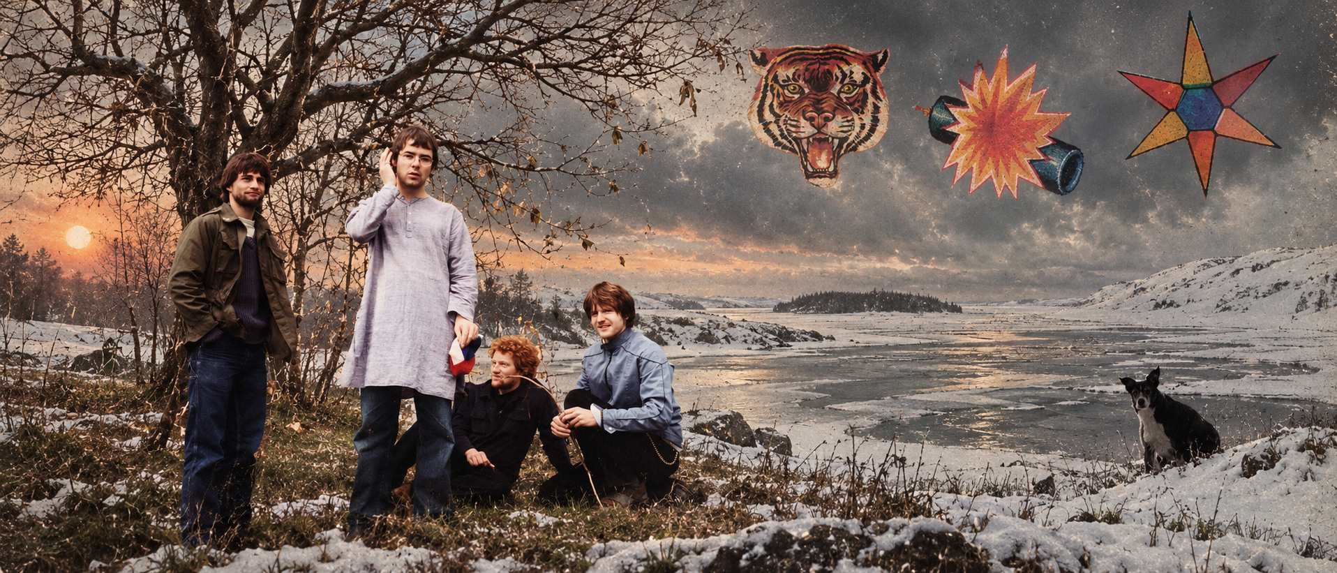 The Beta Band dans un paysage hivernal au bord d’un lac, sous un ciel chargé de motifs psychédéliques.