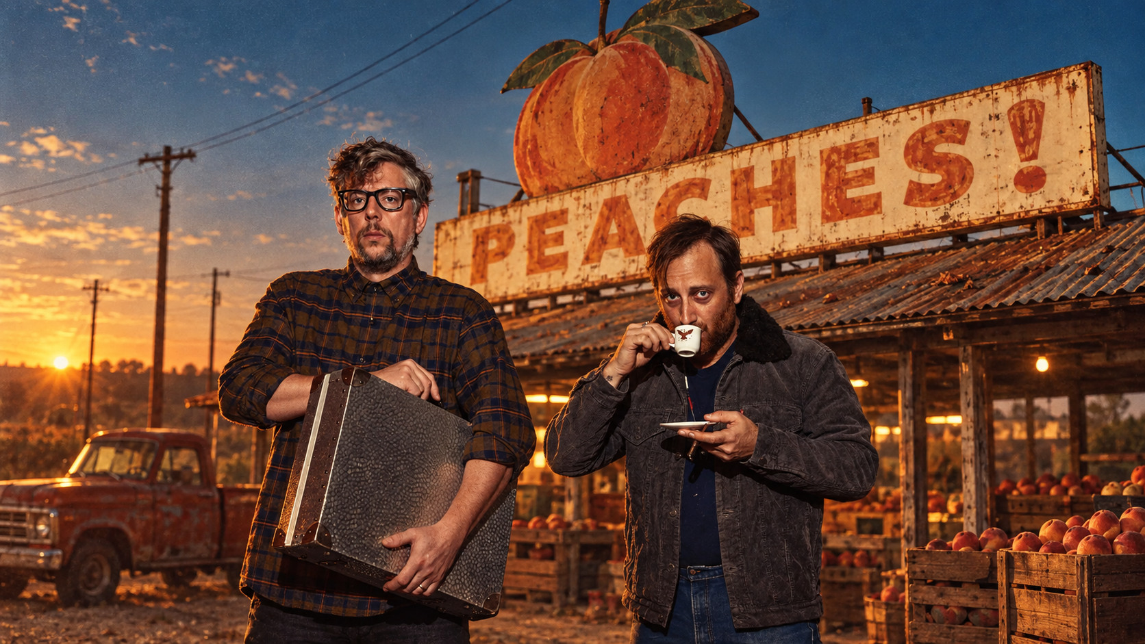 Dan Auerbach et Patrick Carney dans un décor de marché aux pêches au coucher du soleil, dans une ambiance rustique et chaleureuse.