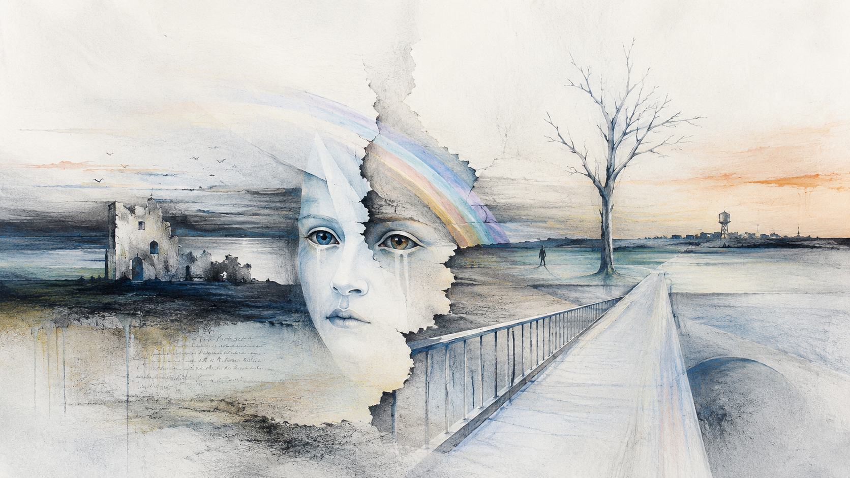 Illustration panoramique en aquarelle inspirée de Script of the Bridge de The Chameleons.