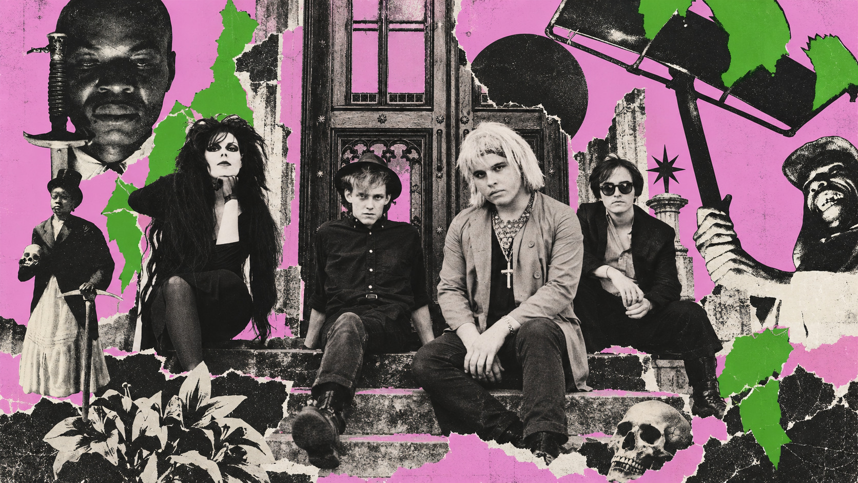 The Gun Club dans un collage punk en noir, blanc, rose et vert, entouré de figures gothiques et d’images découpées.