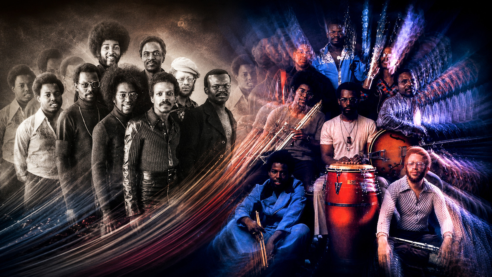 The Soul Searchers dans un collage mêlant portraits d'époque, instruments et lumières bleues.